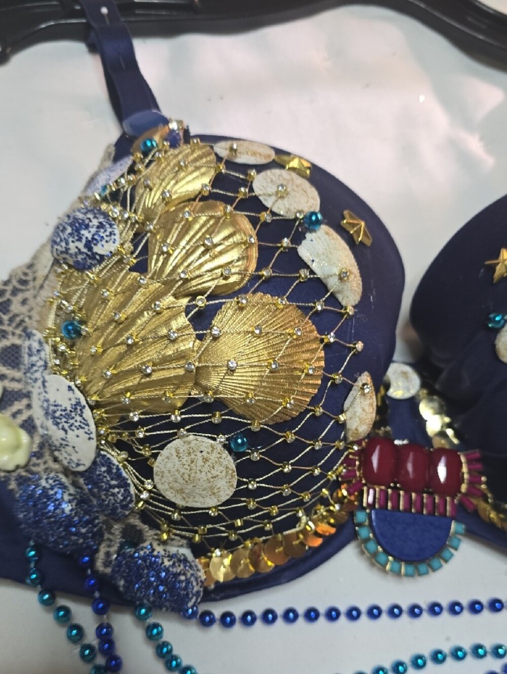 Navy Embellished Victoria Bra with Gold Seashells Accents - Picture 3 of 6